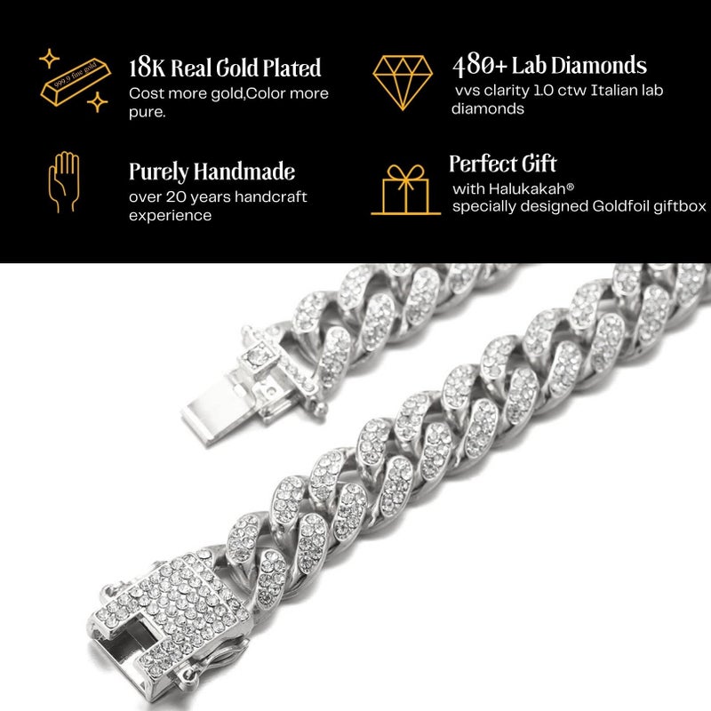 Halukakah Gold Chain Iced Out for Men,14MM Miami Cuban Link Chain Choker Necklace 18In(45cm) Platinum White Gold Finish,Full Cz Diamond Prong Set,Gift for Him - Image 4